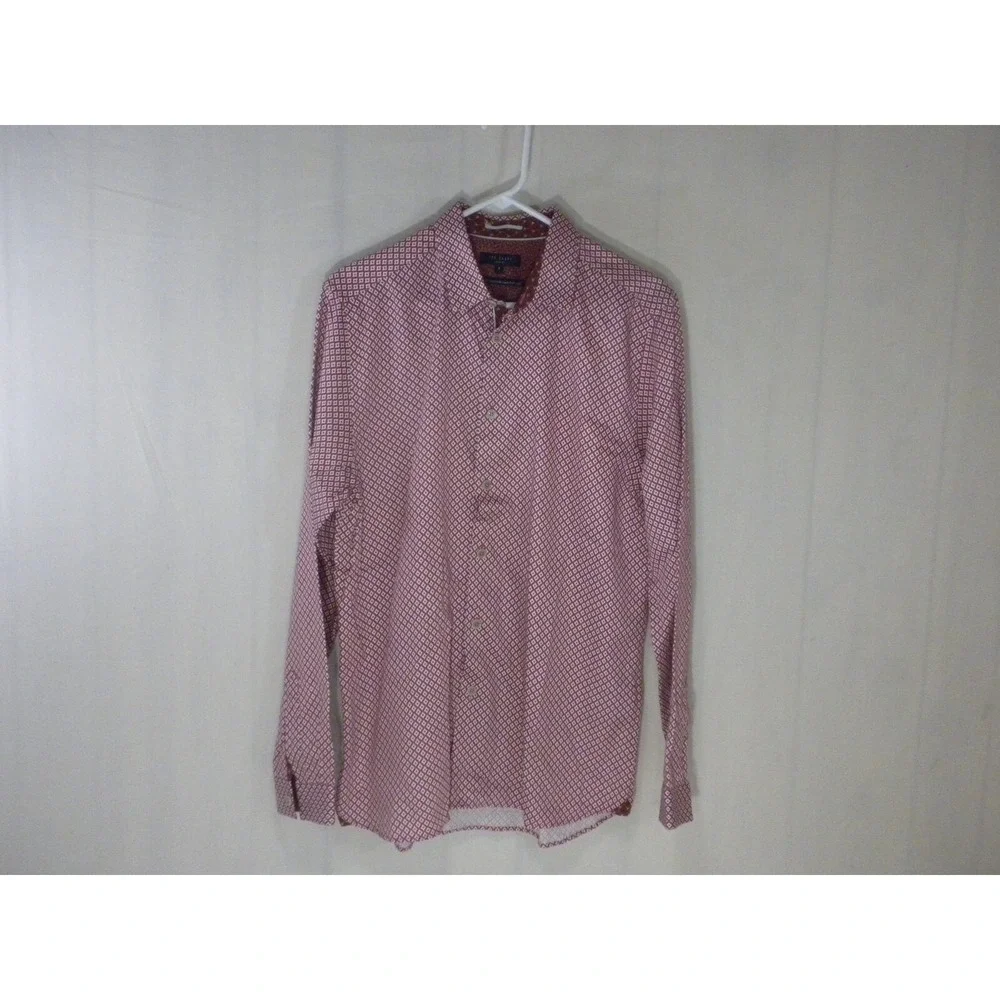 Ted Baker London Dress Shirt Size 4 L Red Geometric Button Up Long Sleeve‎ Cuffs